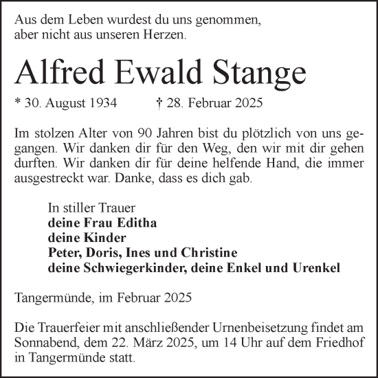 Traueranzeige von Alfred Stange von Volksstimme Altmark Ost