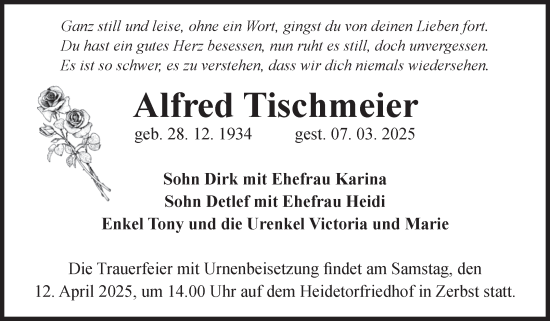 Traueranzeige von Alfred Tischmeier von Volksstimme Zerbst