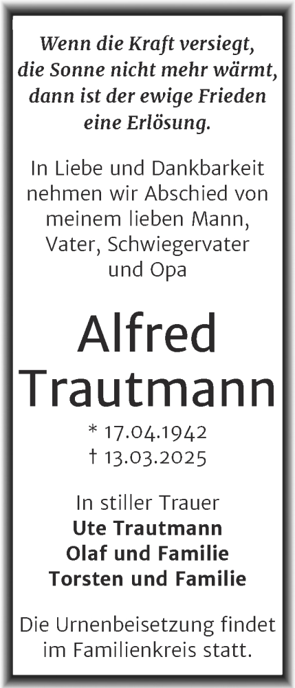 Traueranzeige von Alfred Trautmann von Trauerkombi Köthen