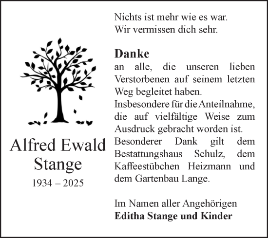 Traueranzeige von Alfred Ewald Stange von Volksstimme Altmark Ost