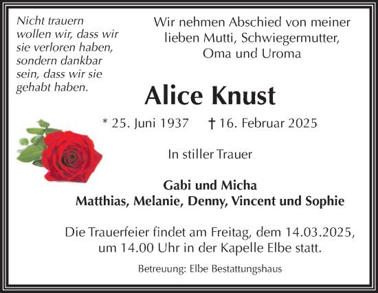 Traueranzeige von Alice Knust von Volksstimme Magdeburg