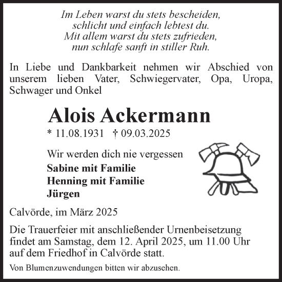 Traueranzeige von Alois Ackermann von Volksstimme Haldensleben/Wolmirstedt