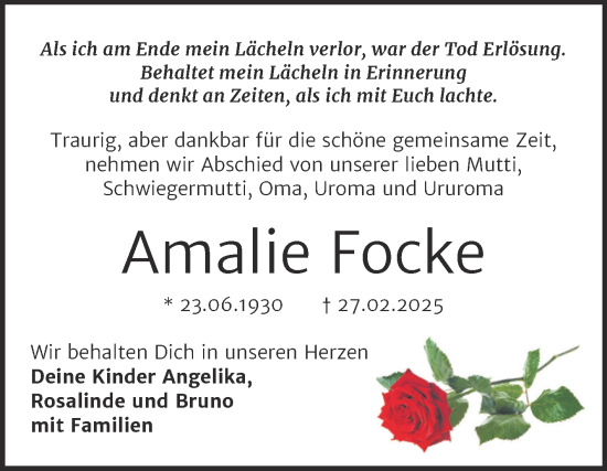 Traueranzeige von Amalie Focke von Trauerkombi Dessau