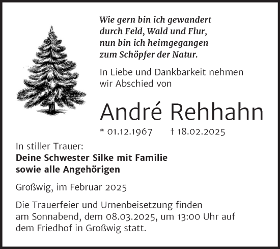 Traueranzeige von Andre Rehhahn von Trauerkombi Wittenberg