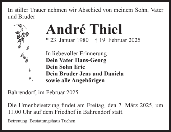 Traueranzeige von Andre Thiel von Volksstimme Oschersleben/Wanzleben
