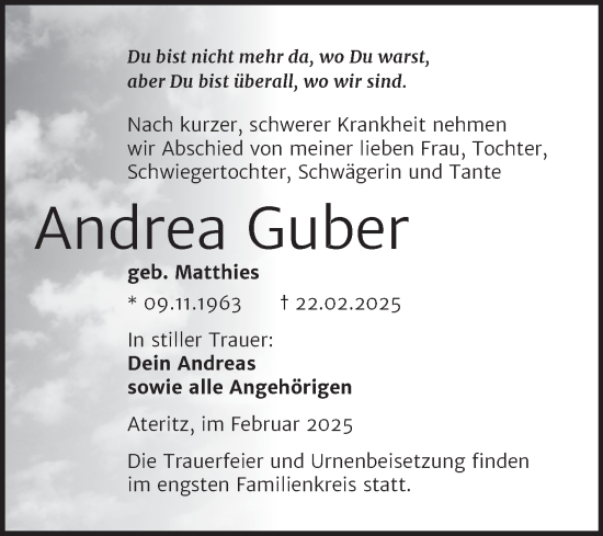 Traueranzeige von Andrea Guber von Trauerkombi Wittenberg