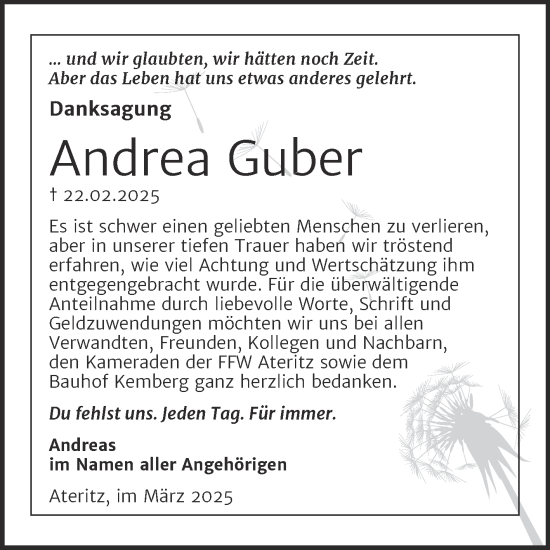 Traueranzeige von Andrea Guber von Trauerkombi Wittenberg
