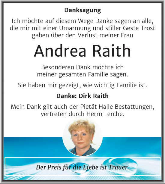 Traueranzeige von Andrea Raith von Mitteldeutsche Zeitung Halle/Saalkreis