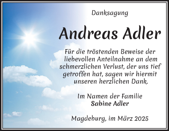 Traueranzeige von Andreas Adler von Volksstimme Magdeburg