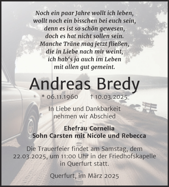 Traueranzeige von Andreas Bredy von Trauerkombi Merseburg