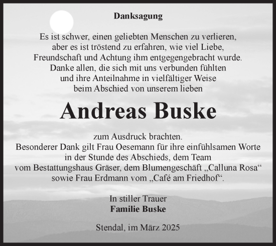 Traueranzeige von Andreas Buske von Volksstimme Altmark Ost