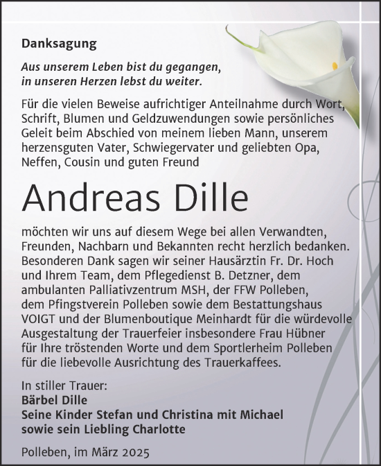 Traueranzeige von Andreas Dille von Trauerkombi Mansfelder Land
