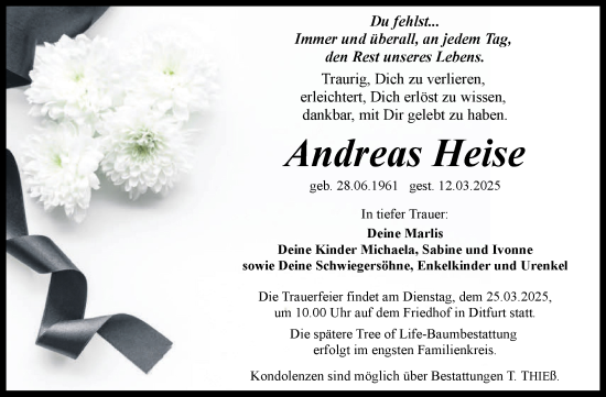 Traueranzeige von Andreas Heise von Trauerkombi Quedlinburg