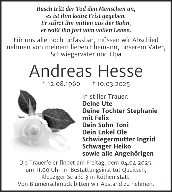 Traueranzeige von Andreas Hesse von Trauerkombi Köthen