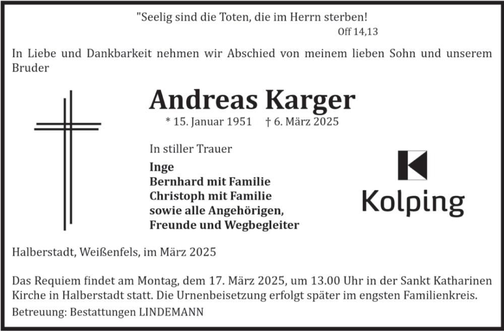  Traueranzeige für Andreas Karger vom 15.03.2025 aus Volksstimme Halberstadt