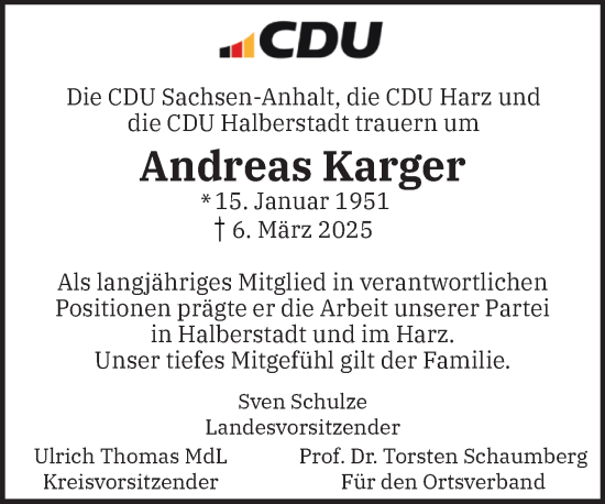 Traueranzeige von Andreas Karger von Volksstimme Halberstadt