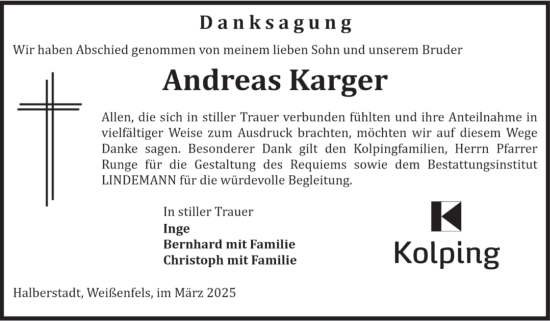 Traueranzeige von Andreas Karger von Volksstimme Halberstadt