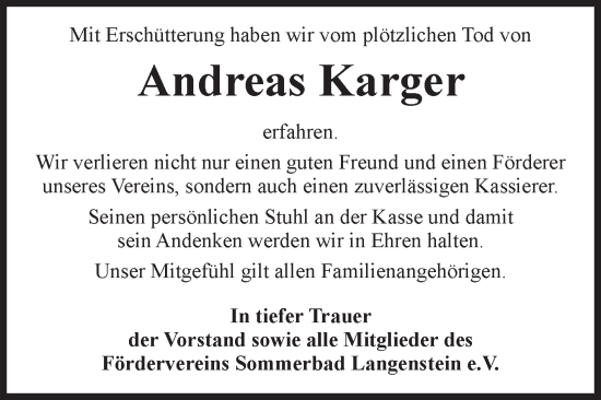 Traueranzeige von Andreas Karger von Volksstimme Halberstadt