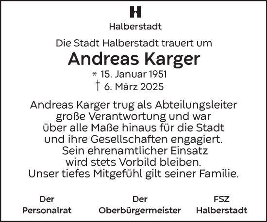 Traueranzeige von Andreas Karger von Volksstimme Halberstadt