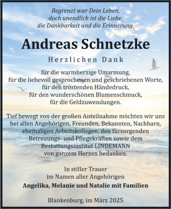 Traueranzeige von Andreas Schnetzke von Volksstimme Wernigerode