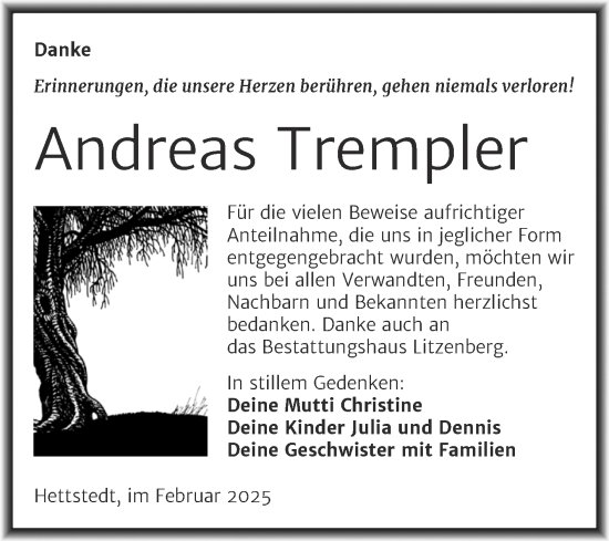 Traueranzeige von Andreas Trempler von Trauerkombi Mansfelder Land