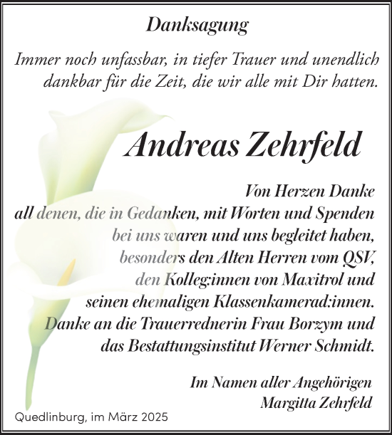 Traueranzeige von Andreas Zehrfeld von Trauerkombi Quedlinburg