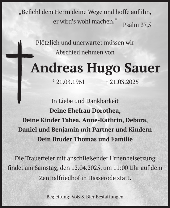 Traueranzeige von Andreas Hugo Sauer von Volksstimme Wernigerode