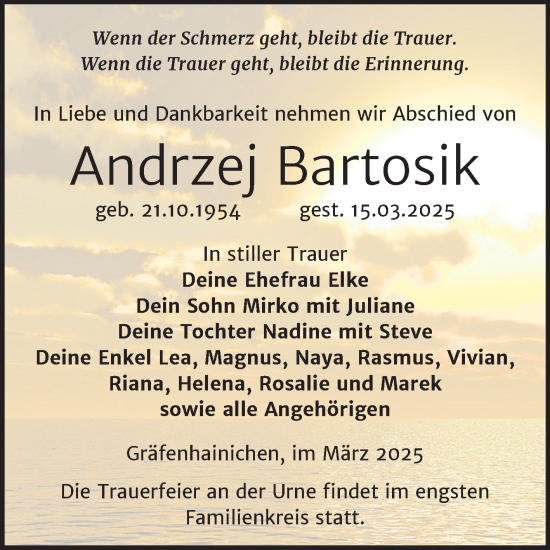 Traueranzeige von Andrzej Bartosik von Trauerkombi Wittenberg