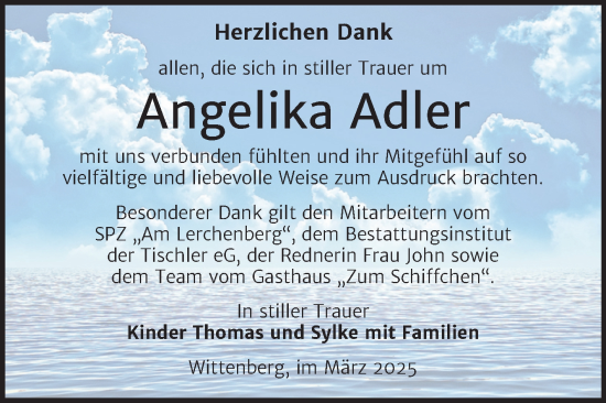 Traueranzeige von Angelika Adler von Trauerkombi Wittenberg