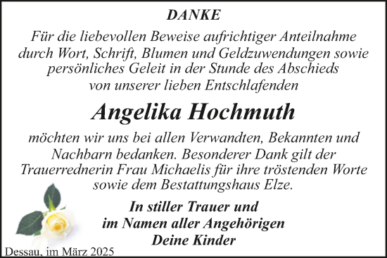 Traueranzeige von Angelika Hochmuth von Trauerkombi Dessau
