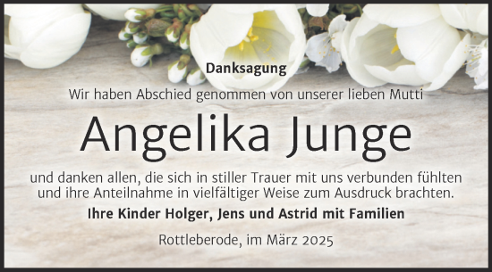 Traueranzeige von Angelika Junge von Trauerkombi Sangerhausen