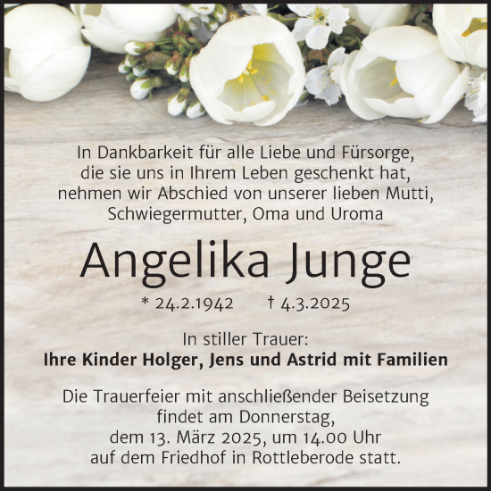 Traueranzeige von Angelika Junge von Mitteldeutsche Zeitung Sangerhausen