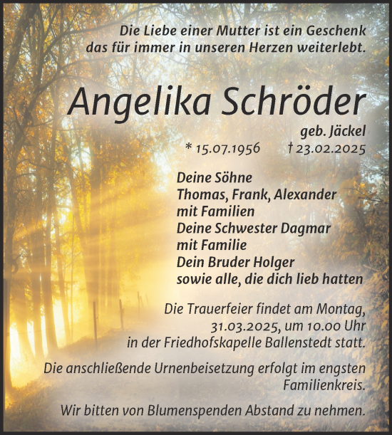Traueranzeige von Angelika Schröder von Trauerkombi Quedlinburg