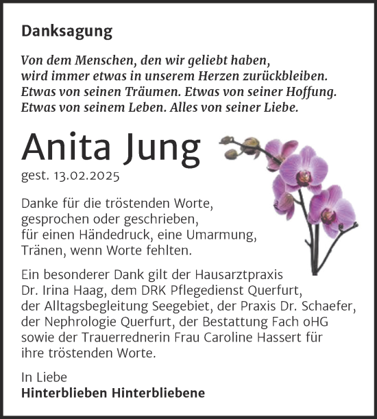 Traueranzeige von Anita Jung von Trauerkombi Merseburg
