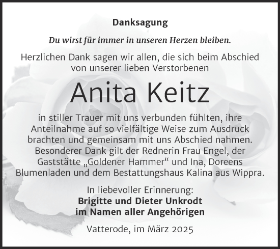 Traueranzeige von Anita Keitz von Trauerkombi Mansfelder Land