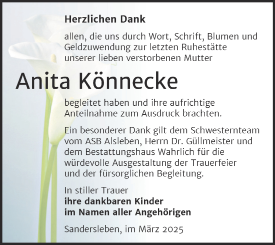 Traueranzeige von Anita Könnecke von Trauerkombi Mansfelder Land
