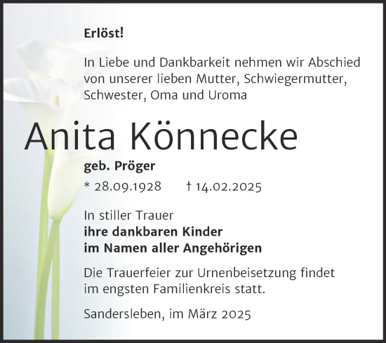 Traueranzeige von Anita Könnecke von Trauerkombi Mansfelder Land