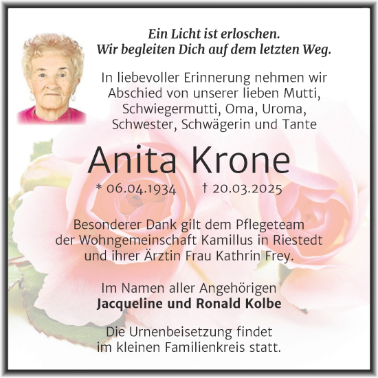 Traueranzeige von Anita Krone von Trauerkombi Sangerhausen