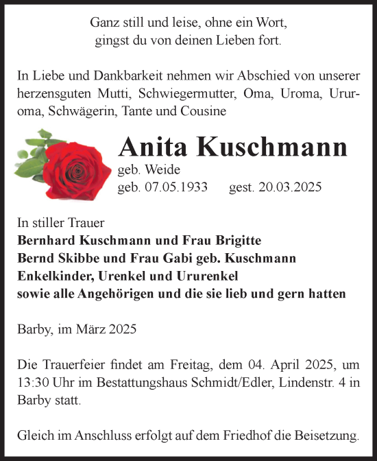 Traueranzeige von Anita Kuschmann von Volksstimme Schönebeck