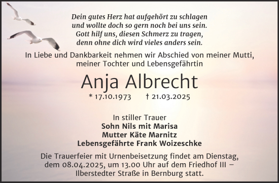 Traueranzeige von Anja Albrecht von Trauerkombi Bernburg