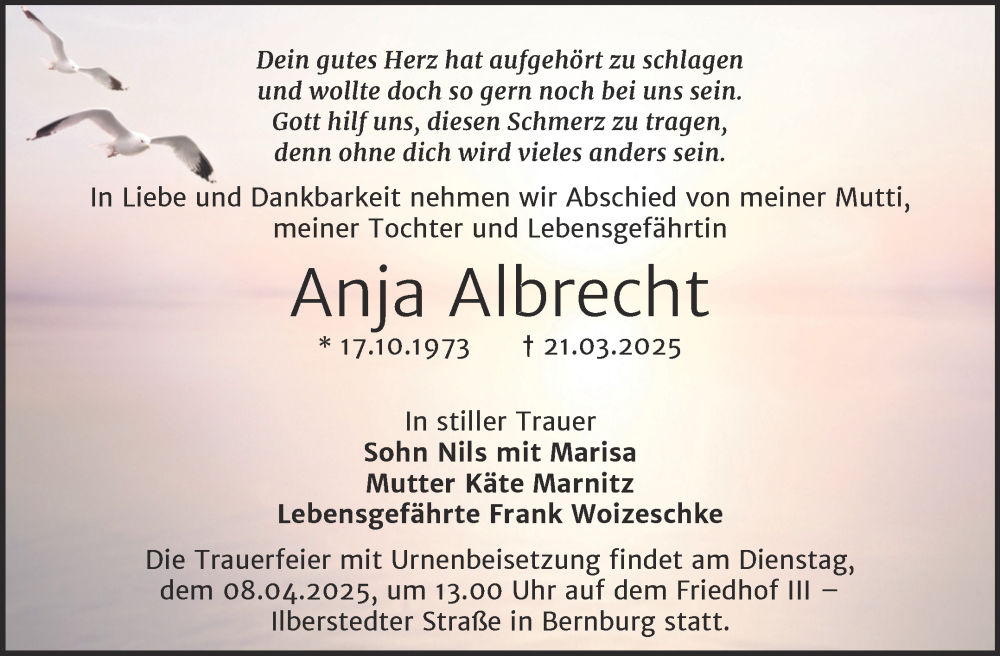  Traueranzeige für Anja Albrecht vom 29.03.2025 aus Trauerkombi Bernburg