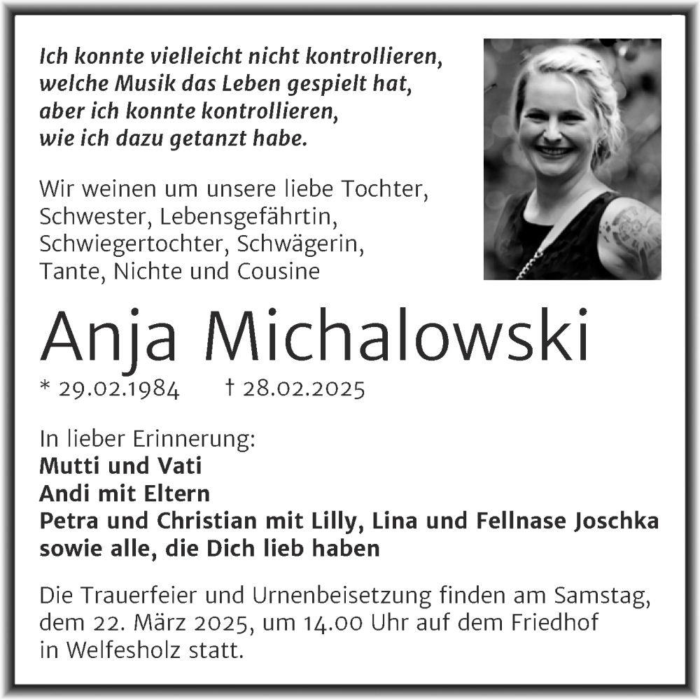  Traueranzeige für Anja Michalowski vom 08.03.2025 aus Trauerkombi Mansfelder Land
