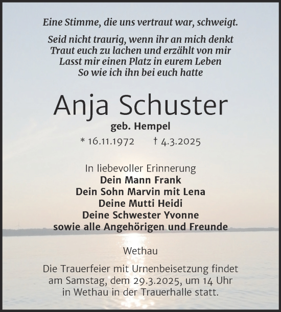Traueranzeige von Anja Schuster von Super Sonntag Naumburg/Nebra