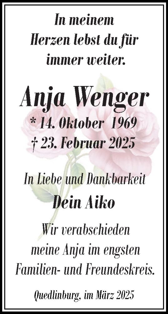 Traueranzeige von Anja Wenger von Trauerkombi Quedlinburg