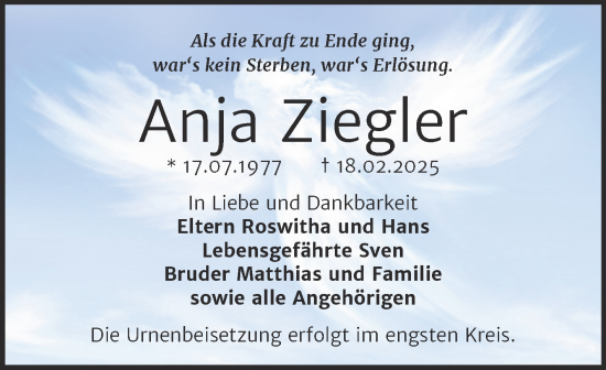 Traueranzeige von Anja Ziegler von Trauerkombi Bernburg