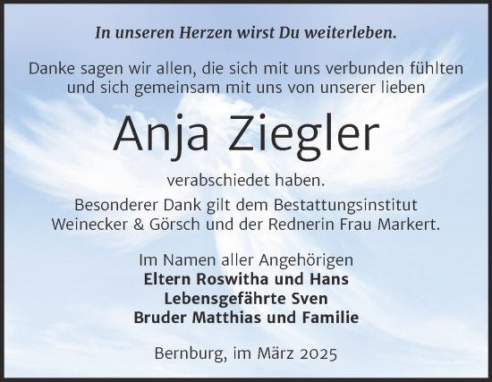 Traueranzeige von Anja Ziegler von Trauerkombi Bernburg