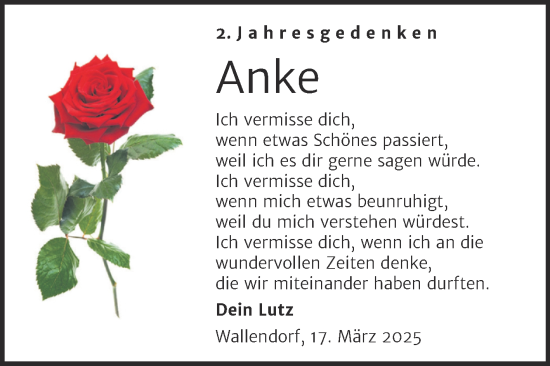 Traueranzeige von Anke  von Trauerkombi Merseburg