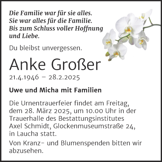 Traueranzeige von Anke Großer von Naumburger Tageblatt
