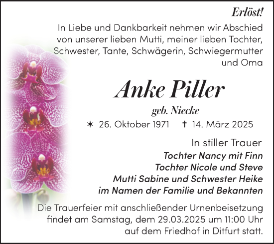 Traueranzeige von Anke Piller von Trauerkombi Quedlinburg