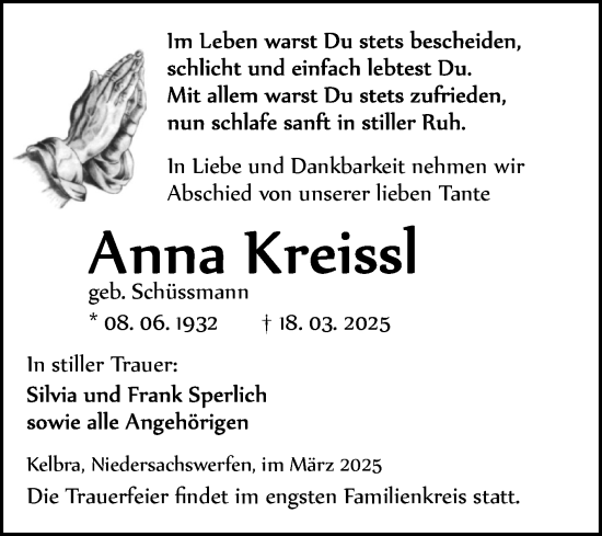Traueranzeige von Anna Kreissl von Trauerkombi Sangerhausen
